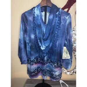 oneworld Sweater Womens Size Small Blue Detachable Scarf Tie Dye Fringe Boho Art